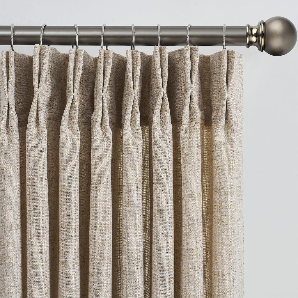Beige Sheer Pinch Pleated Curtains 96 Inches Long 2 Panels,Back Tab Pleated Drapes Hooks Thick Linen Textured Boho