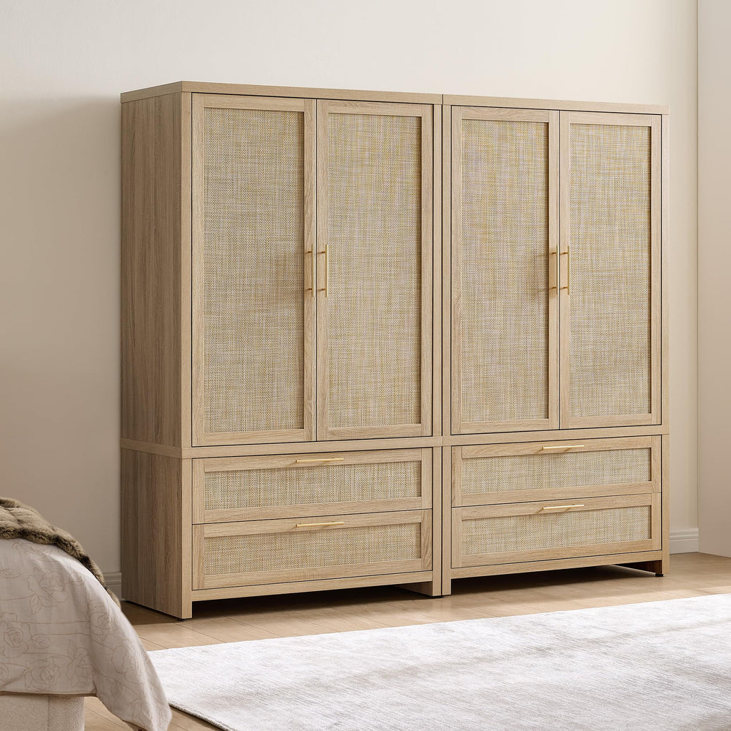 71 inch Wardrobe Closet, Boho Rattan Armoire Wardrobe with Drawers