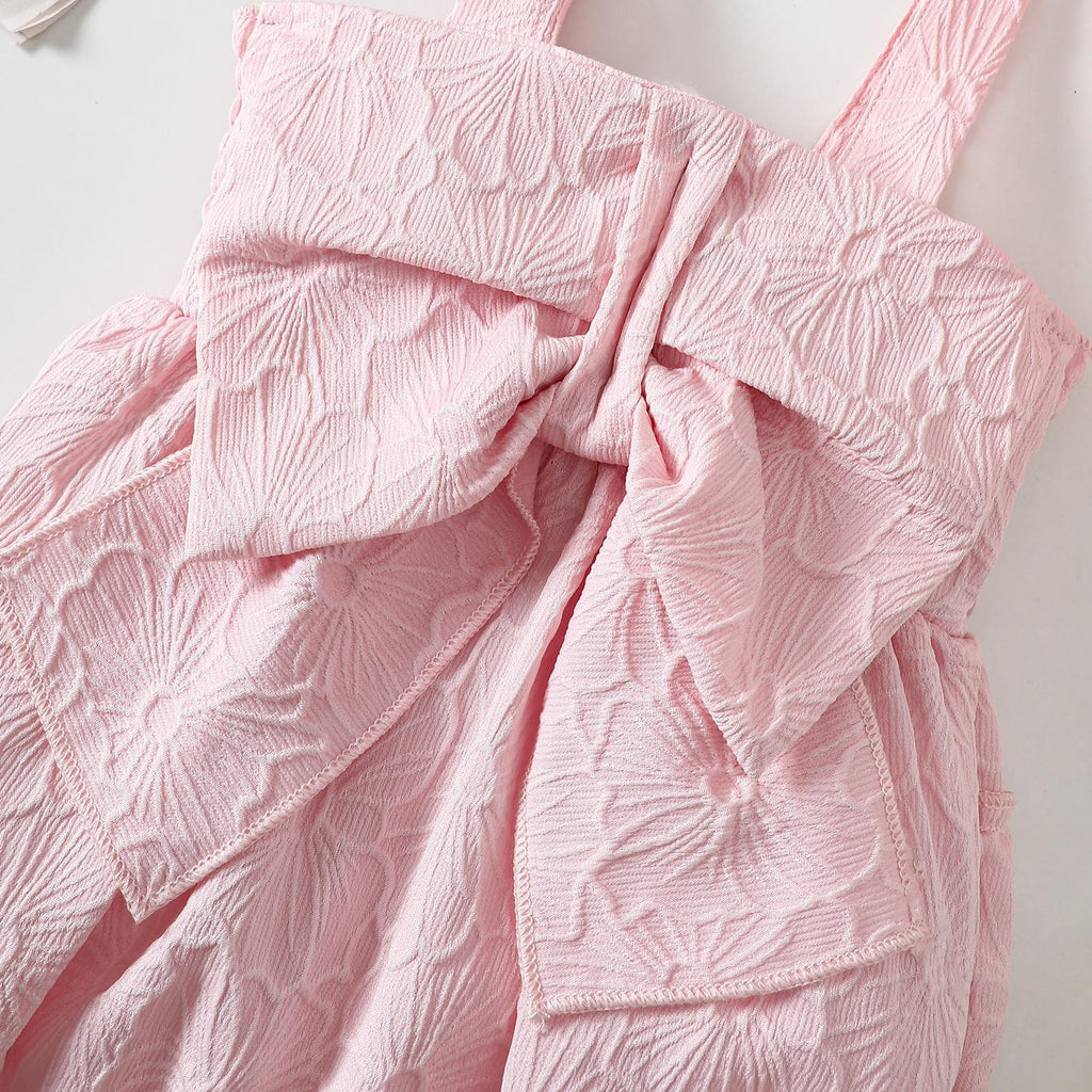 Baby Girls Sleeveless Bow Romper Bubble Smock Dress with Floral Texture for Parties Weddings Special Occasions
