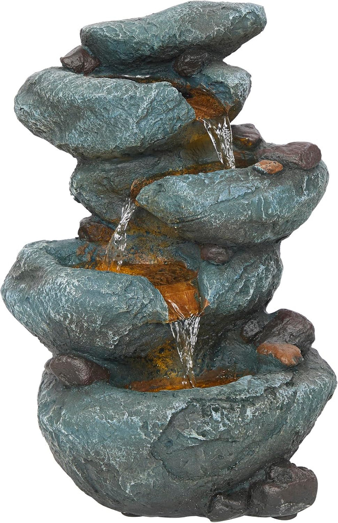 14" 3 Tier Rock Fountain with LED Lights, Elegant Cascading Water Feature for Tabletop, Indoor Decor, Relaxing Stone
