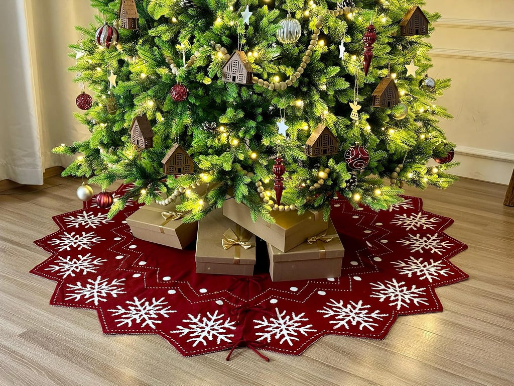 72-Inch Reversible Knit Tree Skirt with Christmas Star-Inspired Pointed Edge Border and Lace-Up Closures, Machine