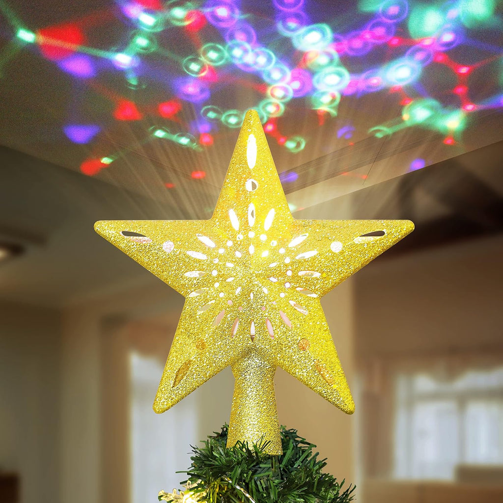 Christmas Star Tree Topper Lighted with Projector, Built-in LED Rotating Lights, Gold 3D Glitter Decorations for Xmas