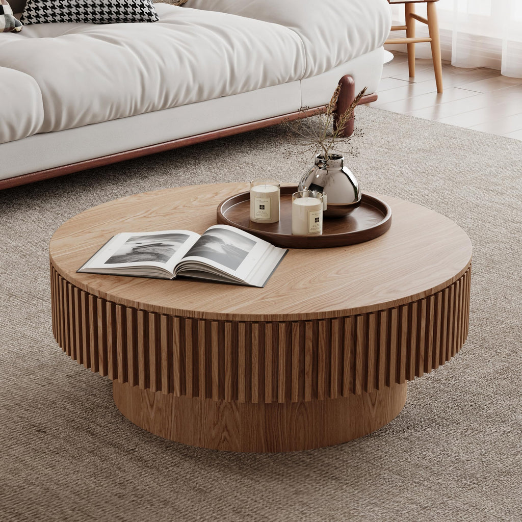 31.5''Round Coffee Table with Storage, Modern Luxury Circle Drum Center Tables with Solid Wood Veneered, Accent Side