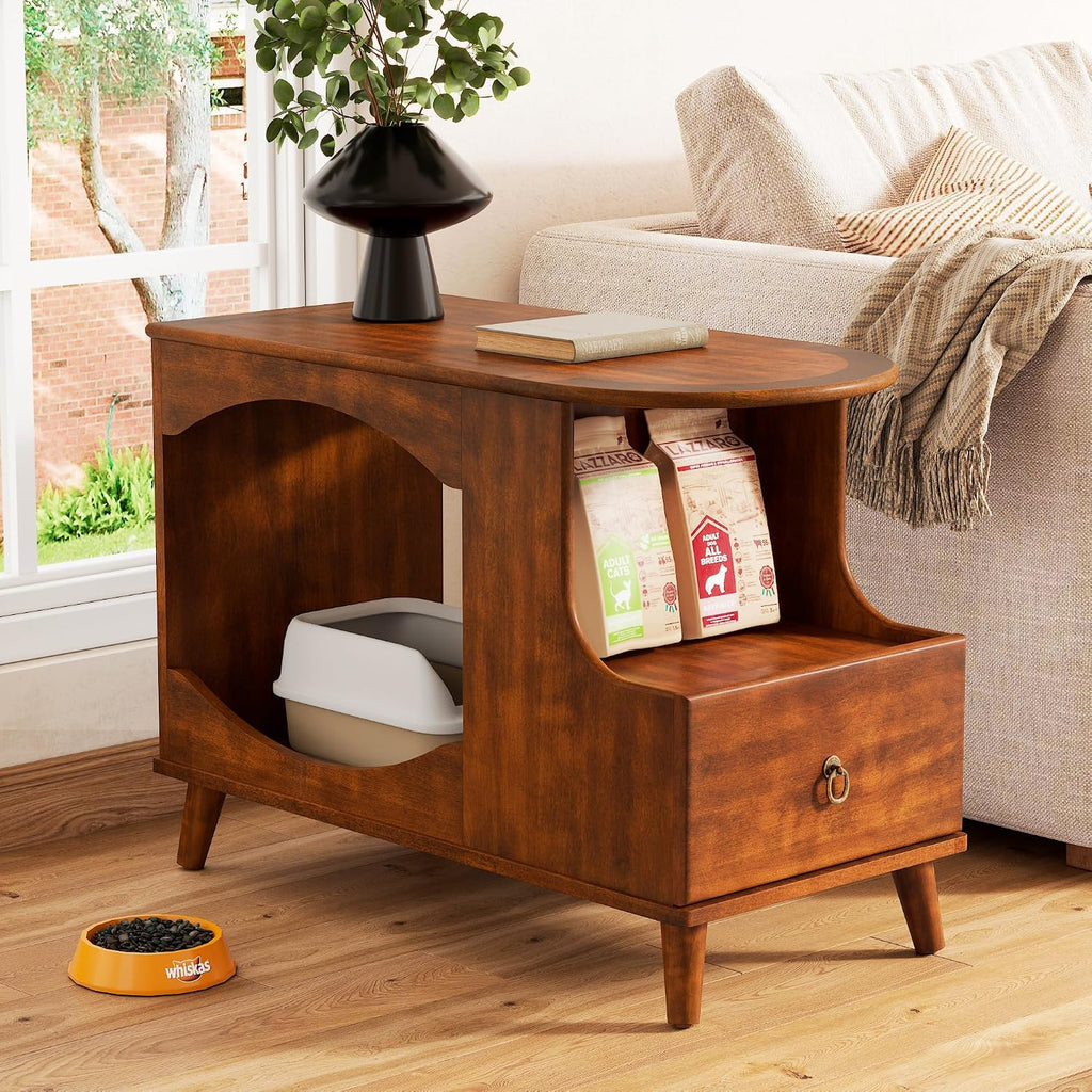 Solid Wood Cat Litter Box Enclosure with Drawer, Wooden Cat Bed