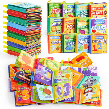 12 Pcs Bath Books, Nontoxic Fabric Soft Crinkly Cloth Books, Waterproof, Bathtub Pool and Early Education First Toys