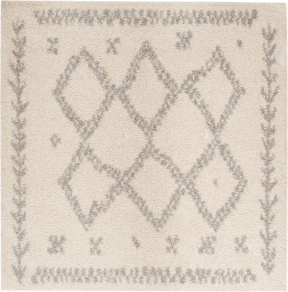 Arizona Shag Collection Area Rug - 6'7" Square, Ivory & Grey, Moroccan Boho Design, Non-Shedding & Easy to Clean