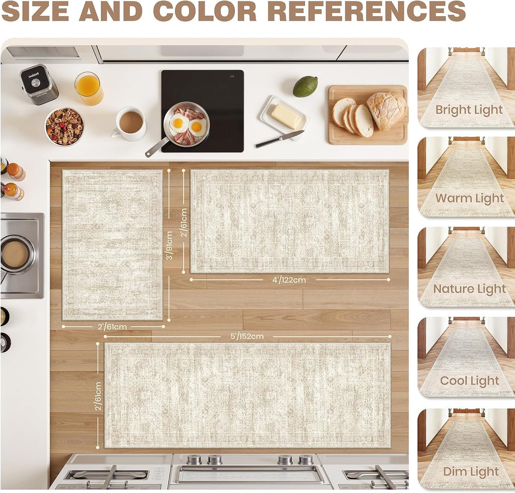 Kitchen Rugs Sets of 2, 2x3 2x4 Rug Runner,Beige | 2 Piece Washable Rug ,Thin,Soft Runner Rug,Stain Resistant Indoor