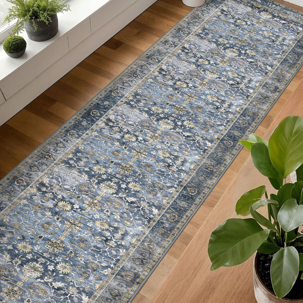 Vintage Washable Long Runner Rug 2.6x18 Blue Grey Beige Hallway Rug