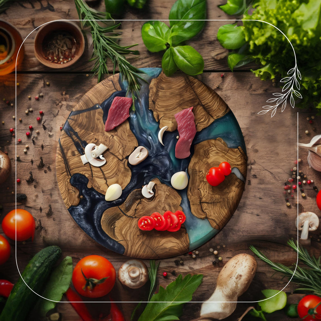 Handmade Olive Wood Round Resin Cheese & Charcuterie Board - Circular Decorative Epoxy Cutting Board with Unique Blue