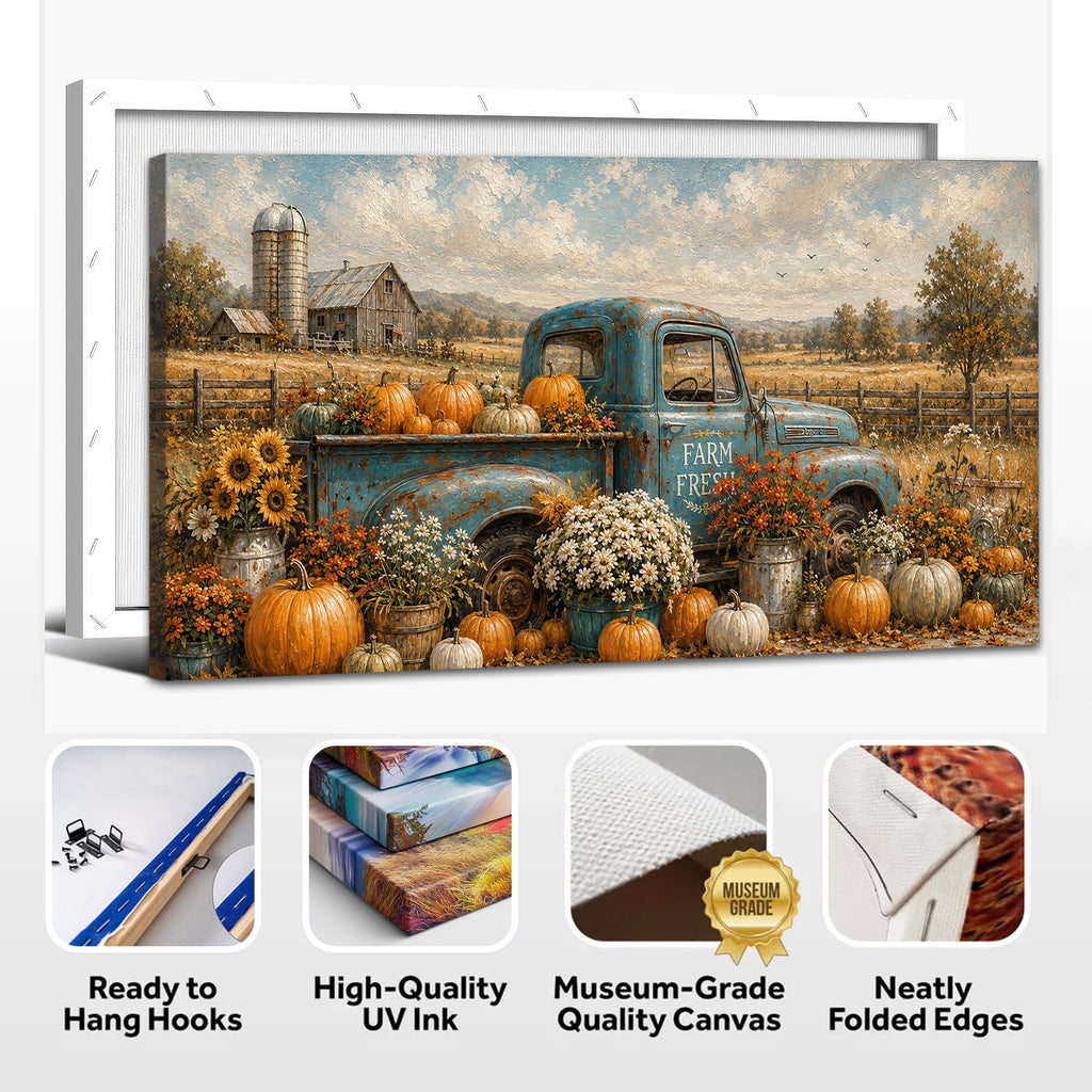 Truck Fall Canvas Wall Art, Rustic Farmhouse Painting Pictures Autumn Thanksgiving Artwork, Vintage Blue Farm Fresh