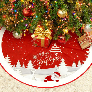 Christmas Tree Skirt Red Xmas Tree Ornaments for White Soft Plush Christmas Tree Mat with Snowy Pattern