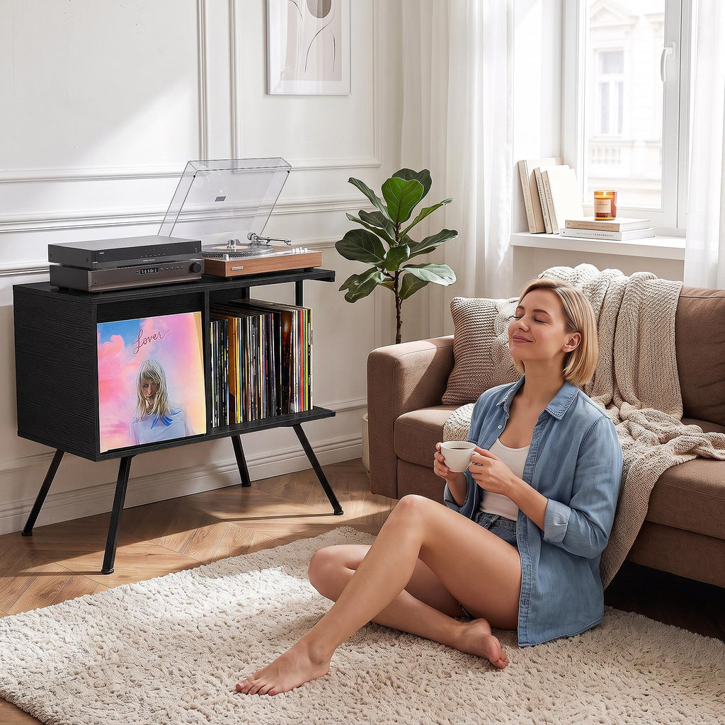 Flip Top Record Player Stand with Vinyl Storage Up to 150 Albums