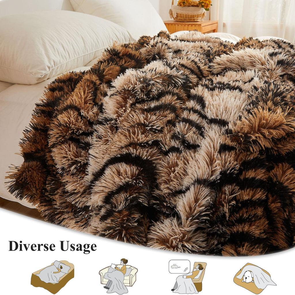 Luxury Faux Fur Tiger Print Throw Blanket, Tiger Brown, 50"x60"
