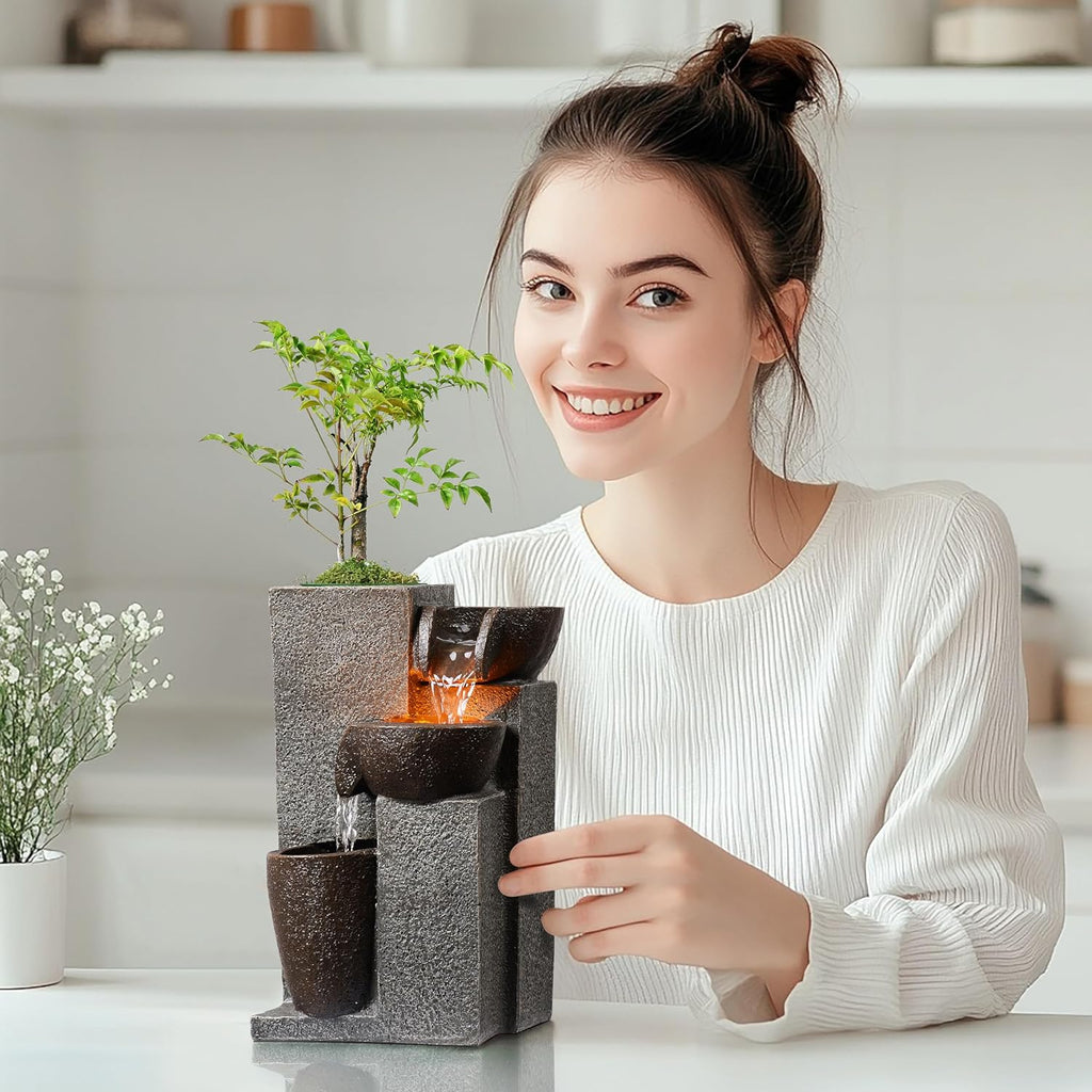 Resin Tabletop Waterfall Fountain with LED Light & Plant Pot, Indoor Desk Water Fountains Decor (22028N)