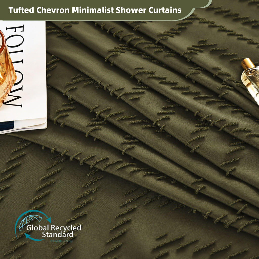 Extra Long Olive Green Boho Shower Curtain with Tassel, Woven Fabric 90 in Shower Curtain, Tufted Chevron Striped, 72