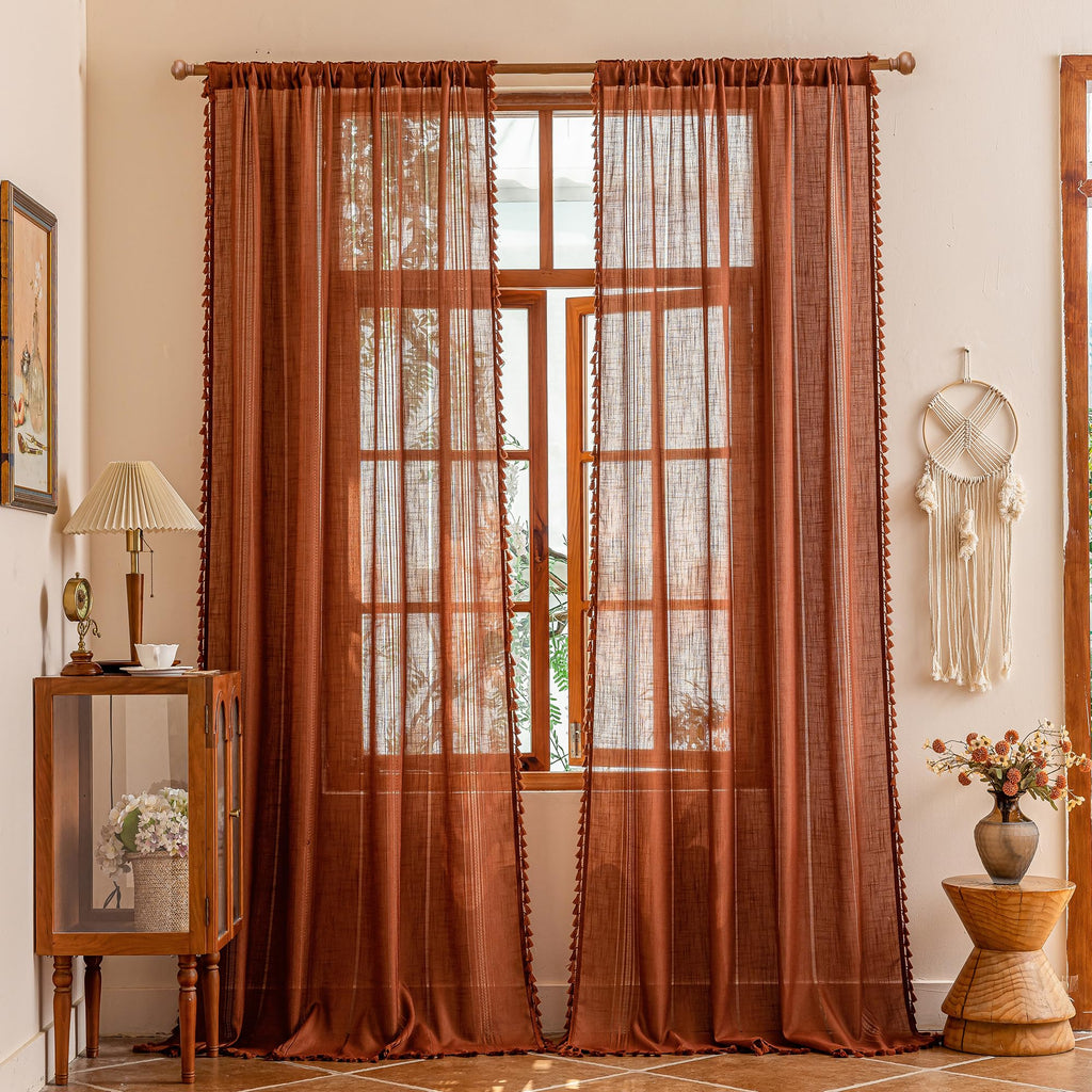 Bohemian Farmhouse Ceiling Curtains with Macrame, Semi Sheers Light Filtering Privacy Protect Hollowed-Out Window