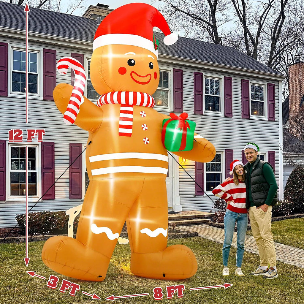 12FT Christmas Inflatables, Giant Blow Up Christmas Gingerbread Man Decor