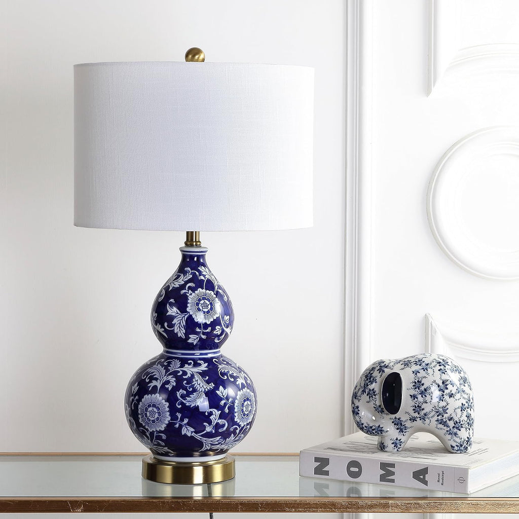 27" Blue/White Ceramic Chinoiserie Table Lamp, Traditional Floral Double Gourd Vase Lamp with White Linen Drum Shade