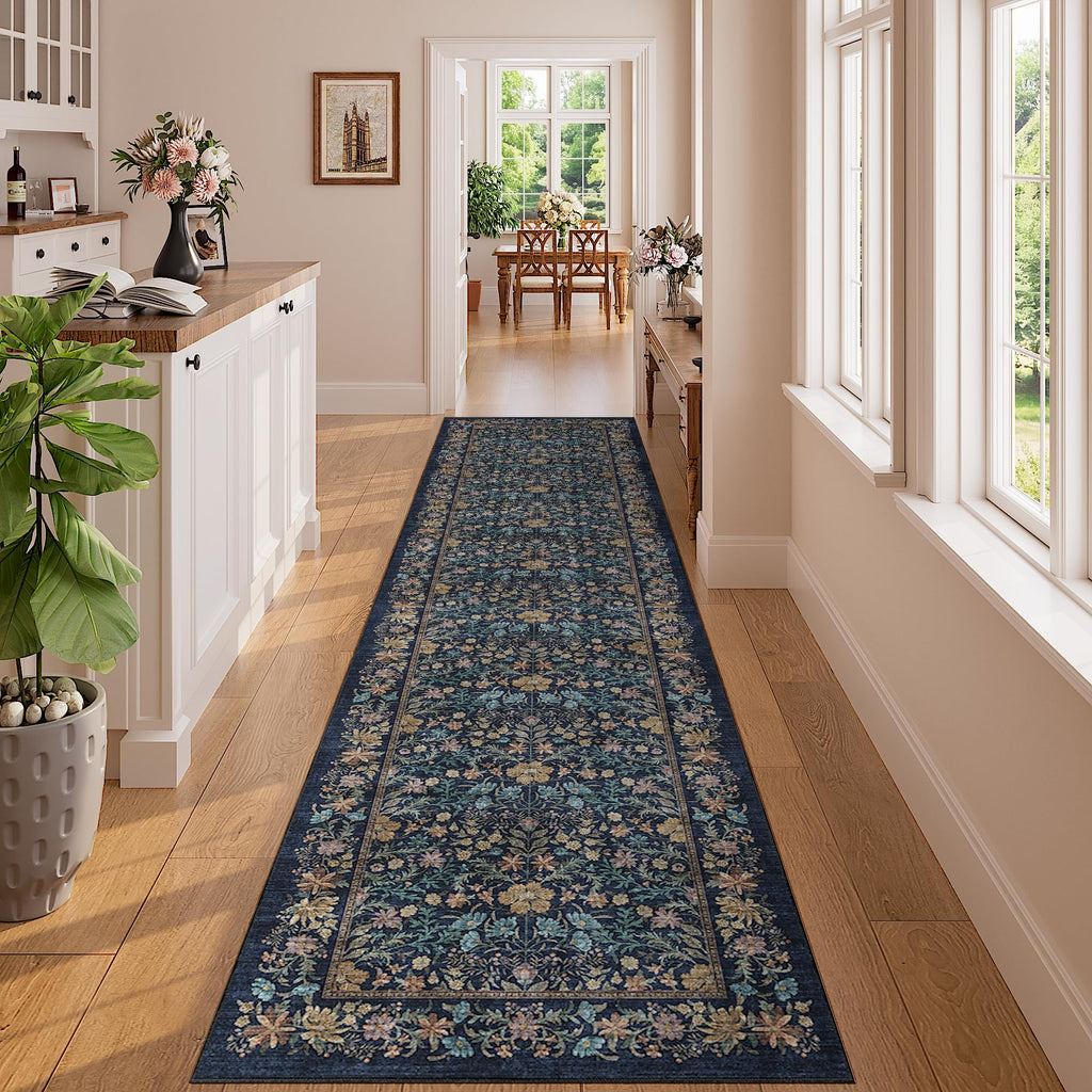 2x8 Runner Rug, Washable Vintage Floral Kitchen Rug, Dark Blue