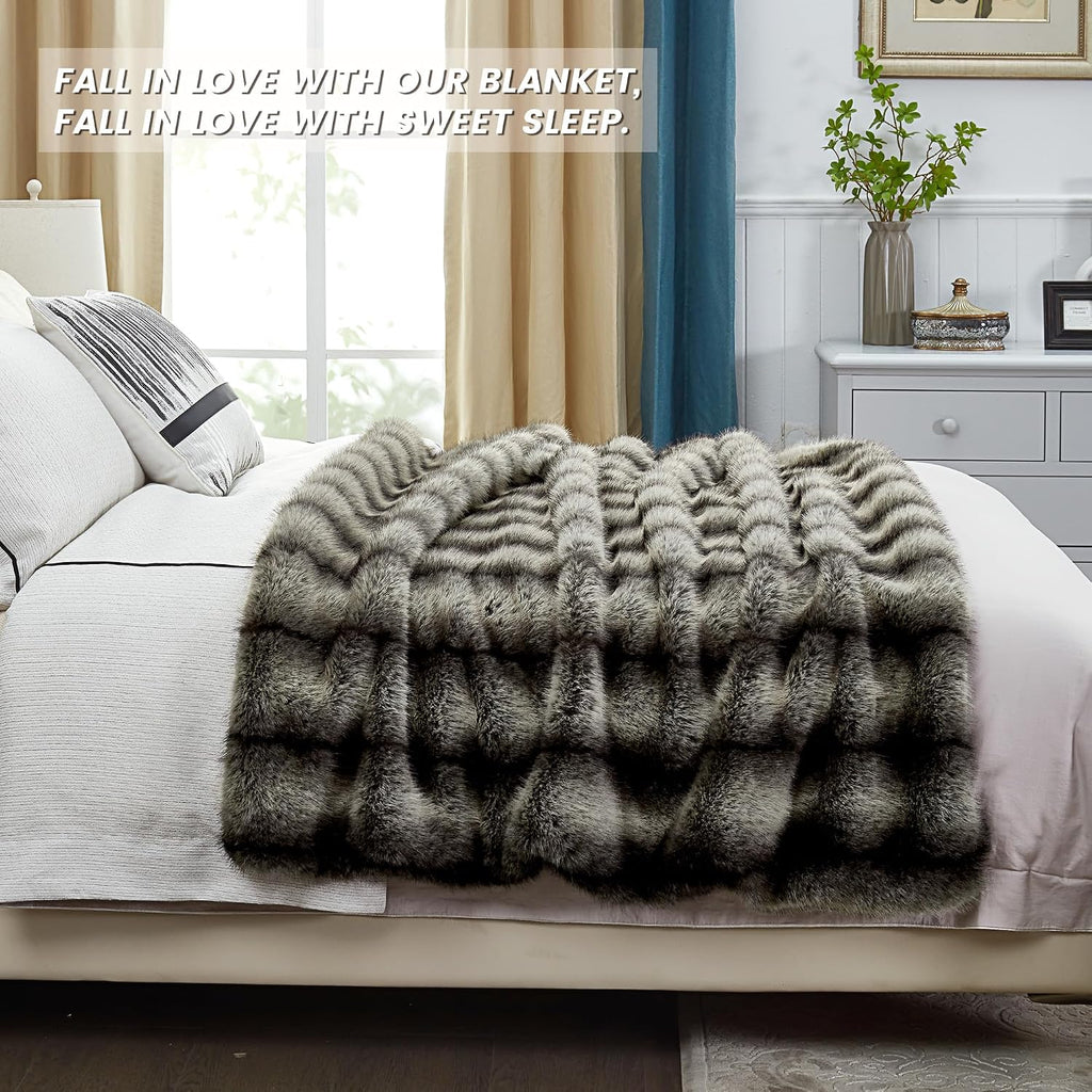 High-end Premium Fuzzy Faux Wolf Fur Throw Blanket 50" x 60", Luxury Cozy Accent Thick Animal Skin Fluffy Fox Blanket