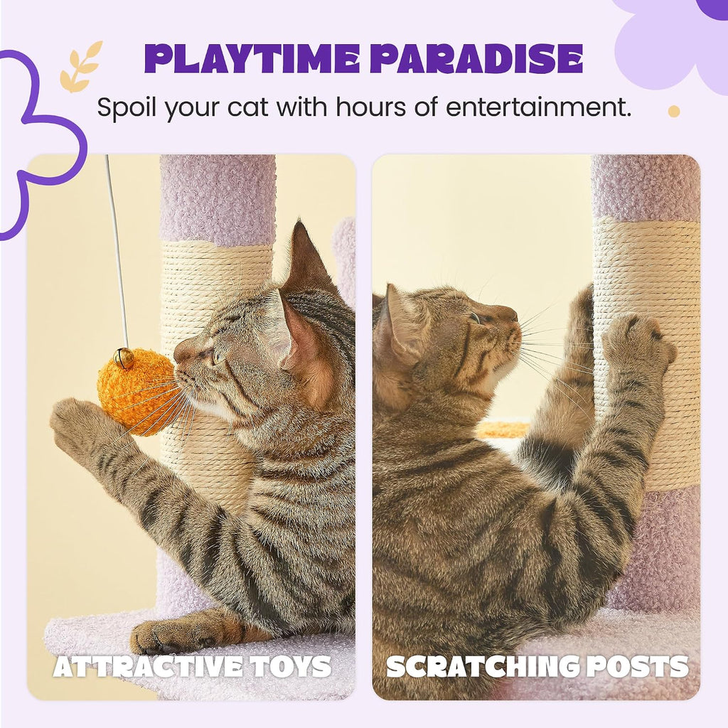 Flower Cat Tree for Indoor Cats, 63.8 Inches Multi-Level Cat Tower with Sisal-Covered Scratching Posts, Padded