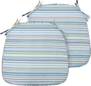 Indoor/Outdoor Chair Cushions Set of 4, 17x16x2Inch-Blue Stripe | Round Corner Patio Chair Pads with Ties