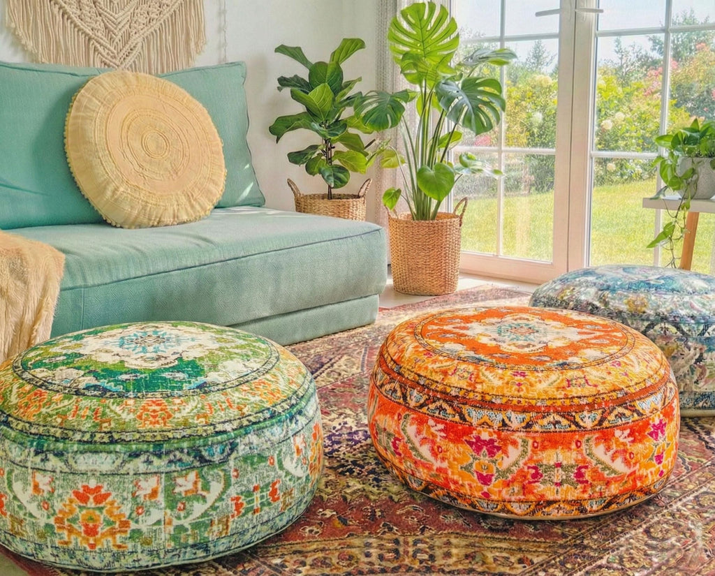 Colorful Pouf Cover Orange Round Orange Floor Pillow Seating Area Stool Boho Room Décor Accent Furniture Cotton 24x8