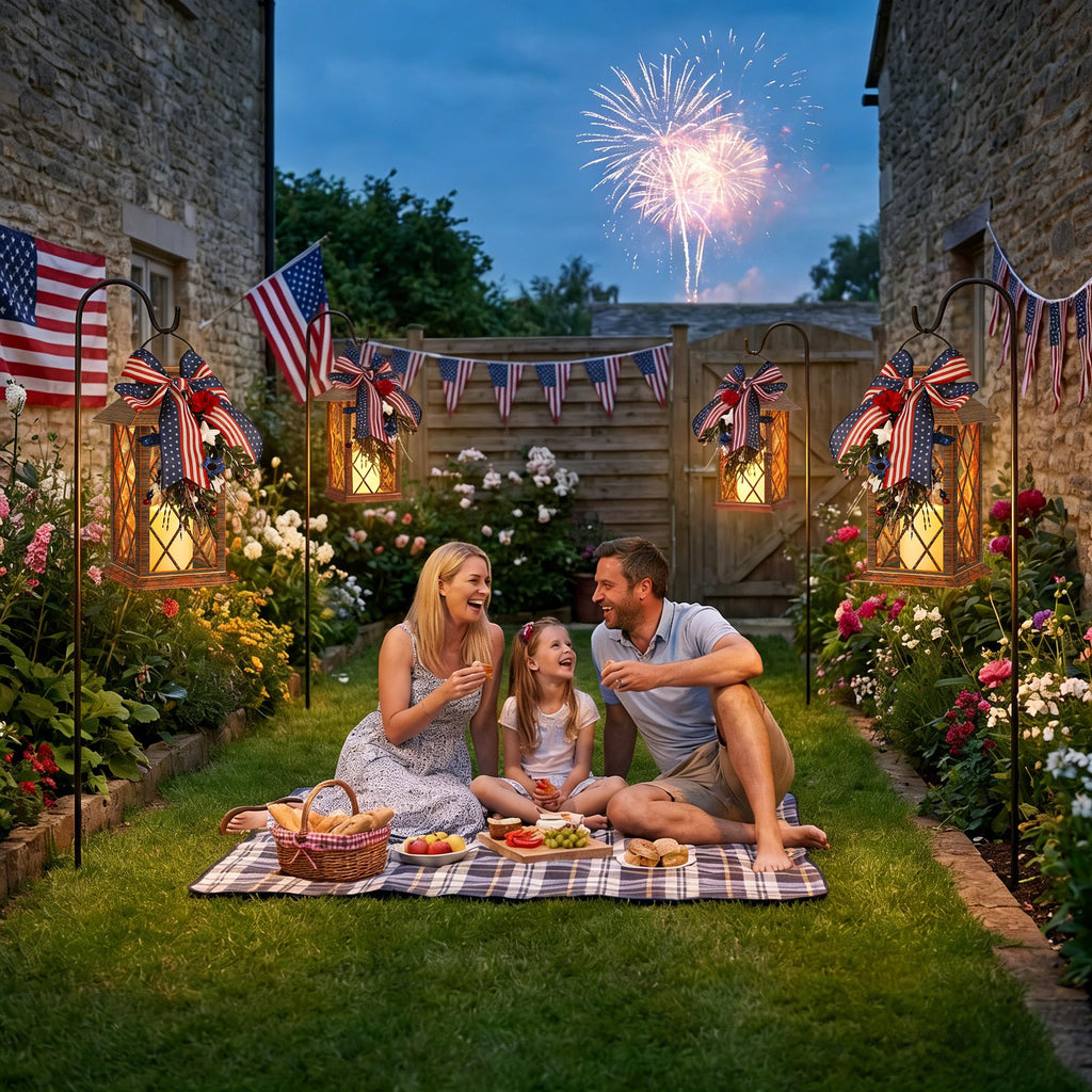4th of July Solar Lanterns Outdoor Waterproof, Patriotic Hanging Lantern with Flickering LED Candle, 13" Independence