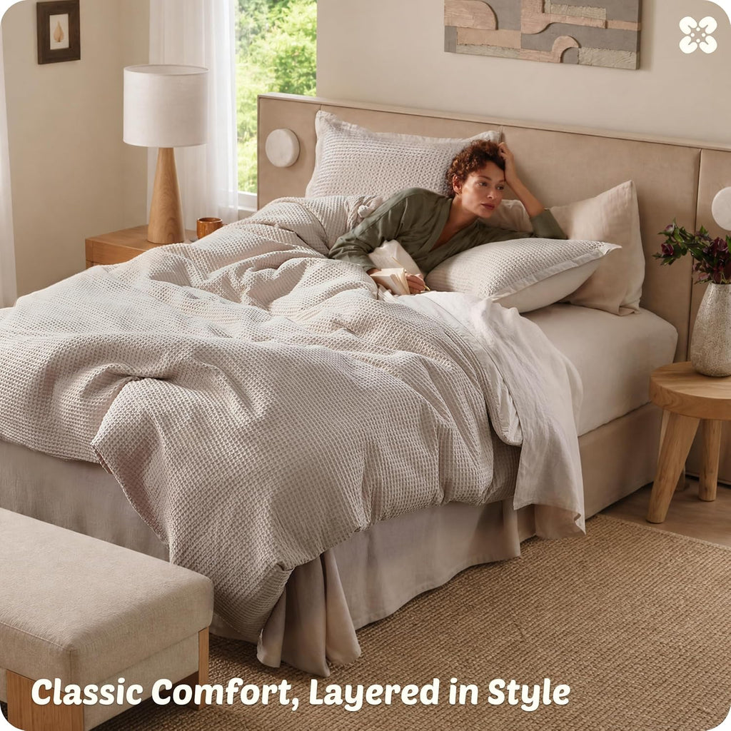 Cotton Duvet Cover King - 100% Cotton Waffle Weave Linen Color Duvet Cover, PureWoven Breathable King Bedding Set for All Season, 3 Pieces, 104"x90"
