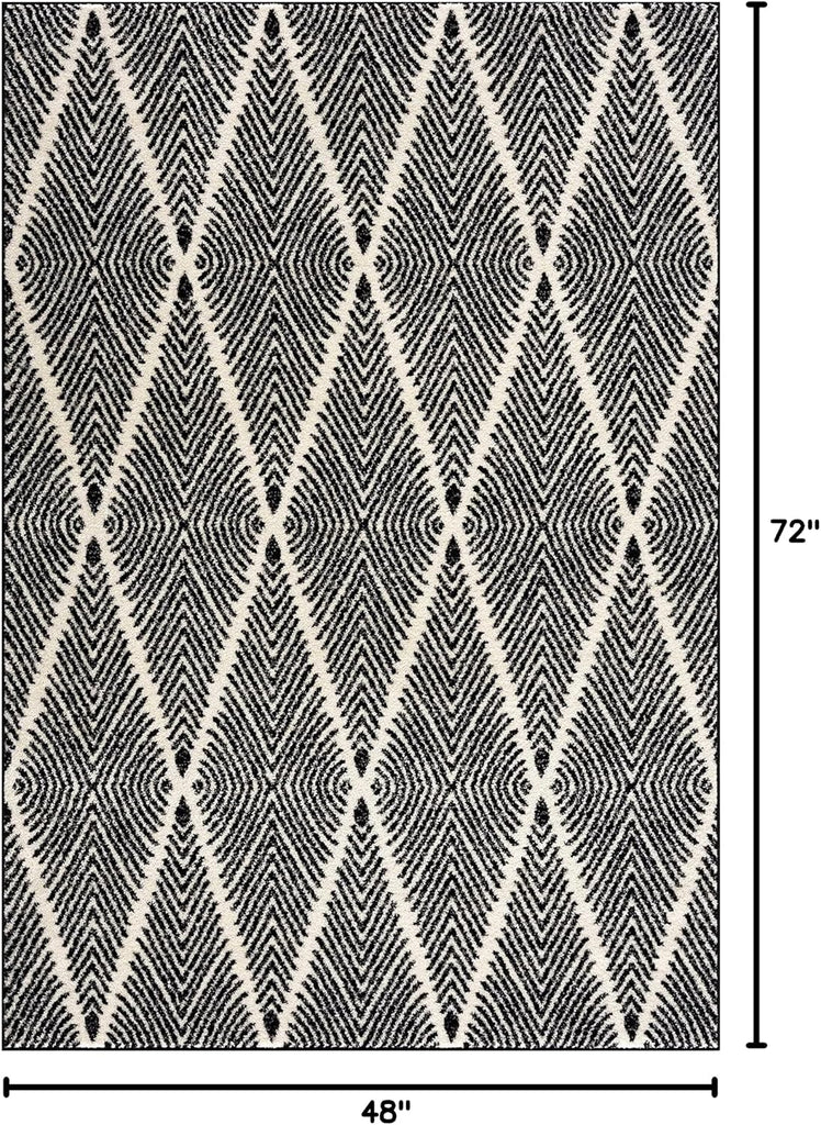 Nordic Collection Area Rug -Intricate Diamond Pattern in Black/Cream - 4'x6' - Easy to Clean - Durable for Kids &