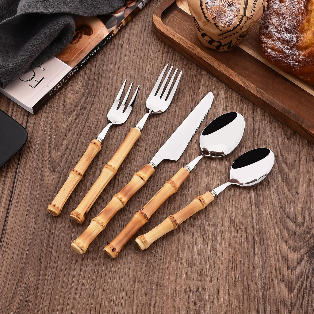 30PCS Silverware Set for 6, Bamboo Handle Flatware Set, Stainless Steel Cutlery Set Restaurant and Party, Bamboo