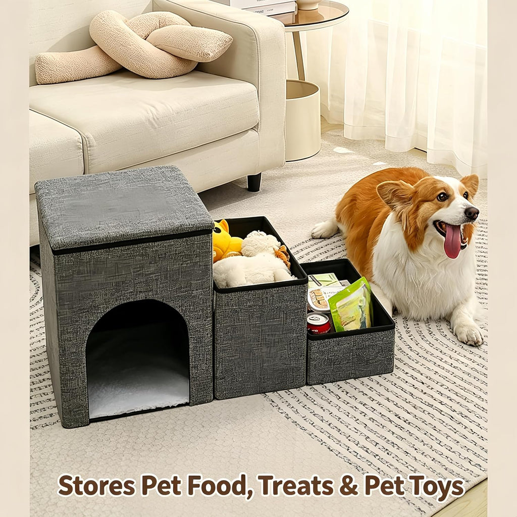 Foldable 3-Step Pet Stairs with Storage & Cat House, Non-Slip Dog Steps Ramp, Sturdy Pet Ladder for Couch, Bed, Ideal