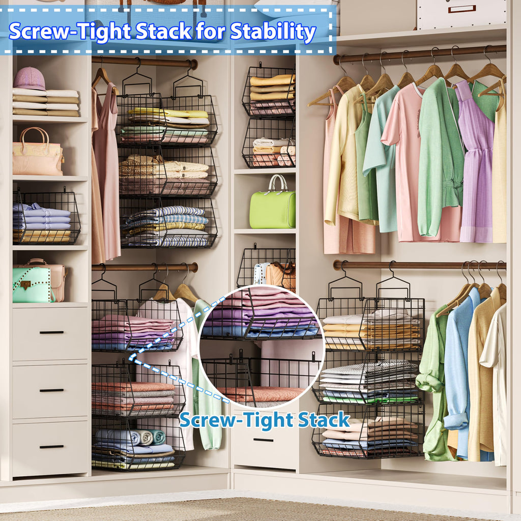 6-Tier Extended Depth Hanging Closet Organizers and Storage for Closet Organization, Stackable Hanging Shelves with