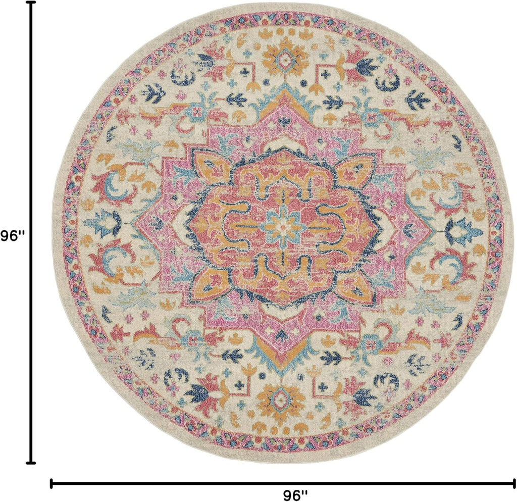 Home Passion Ivory Pink 8' x Round Area Rug - Easy Clean, Non Shedding, Bed Room, Living Room, Dinin
