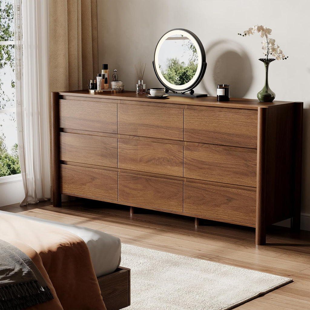 Walnut Dresser, 63"Wide 9 Drawer Mid Century Modern Chest