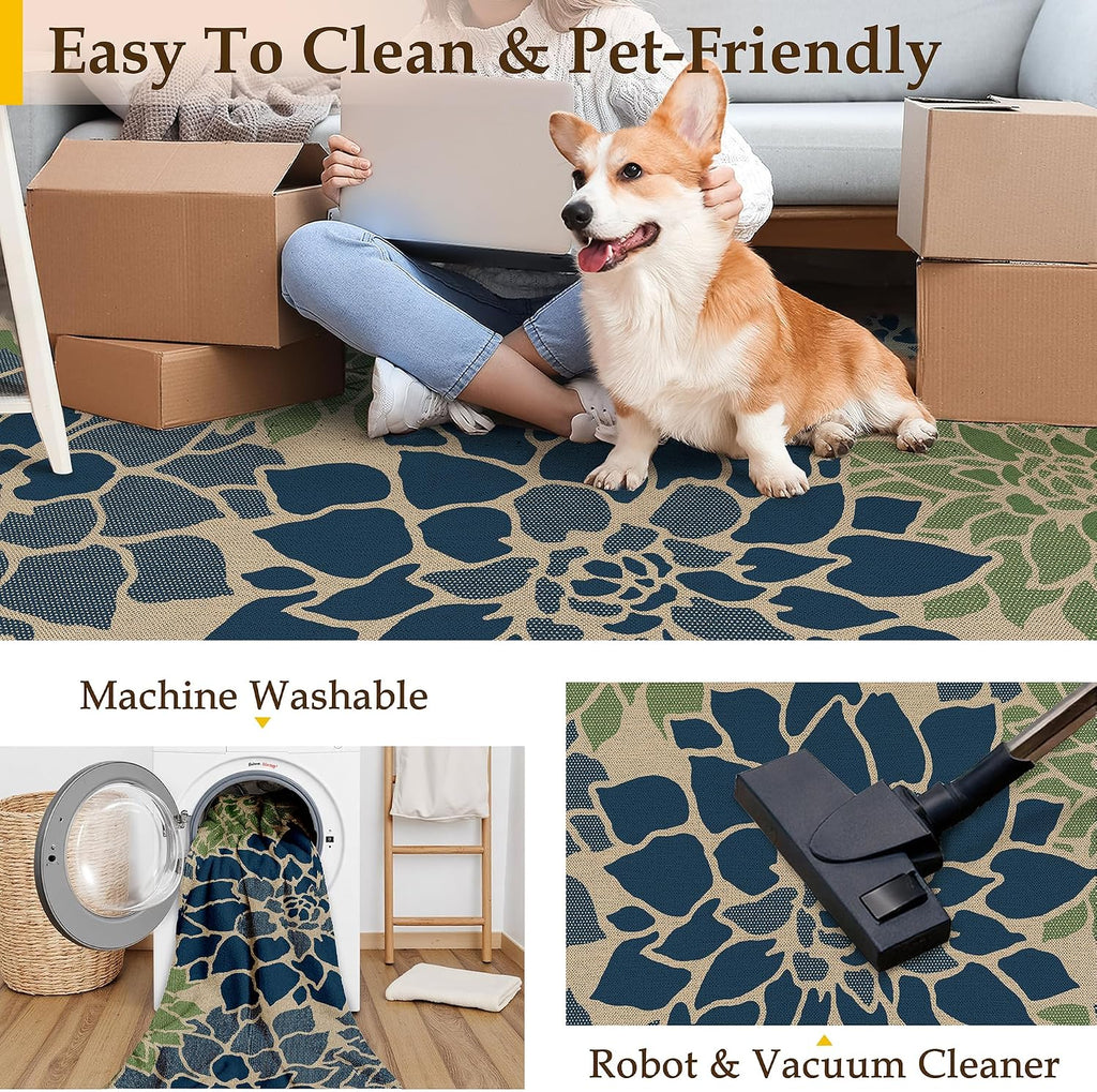 5x8 Navy Green Easy Jute Outdoor Rug Floral Farmhouse Carpet