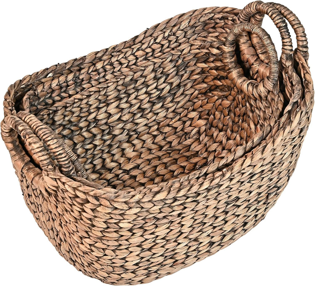 Nellie 3-Piece Hyacinth Boat Wicker Storage Baskets 17", Brown | Farmhouse Classic Handwoven Nesting Design
