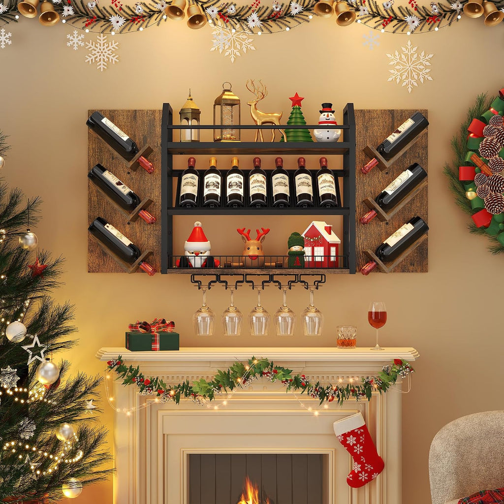 48.6in Wall Mounted Wine Rack, 3 Tier Hanging Wine Racks with Glass Holder, Large Capacity Bar Shelves, Metal Wood
