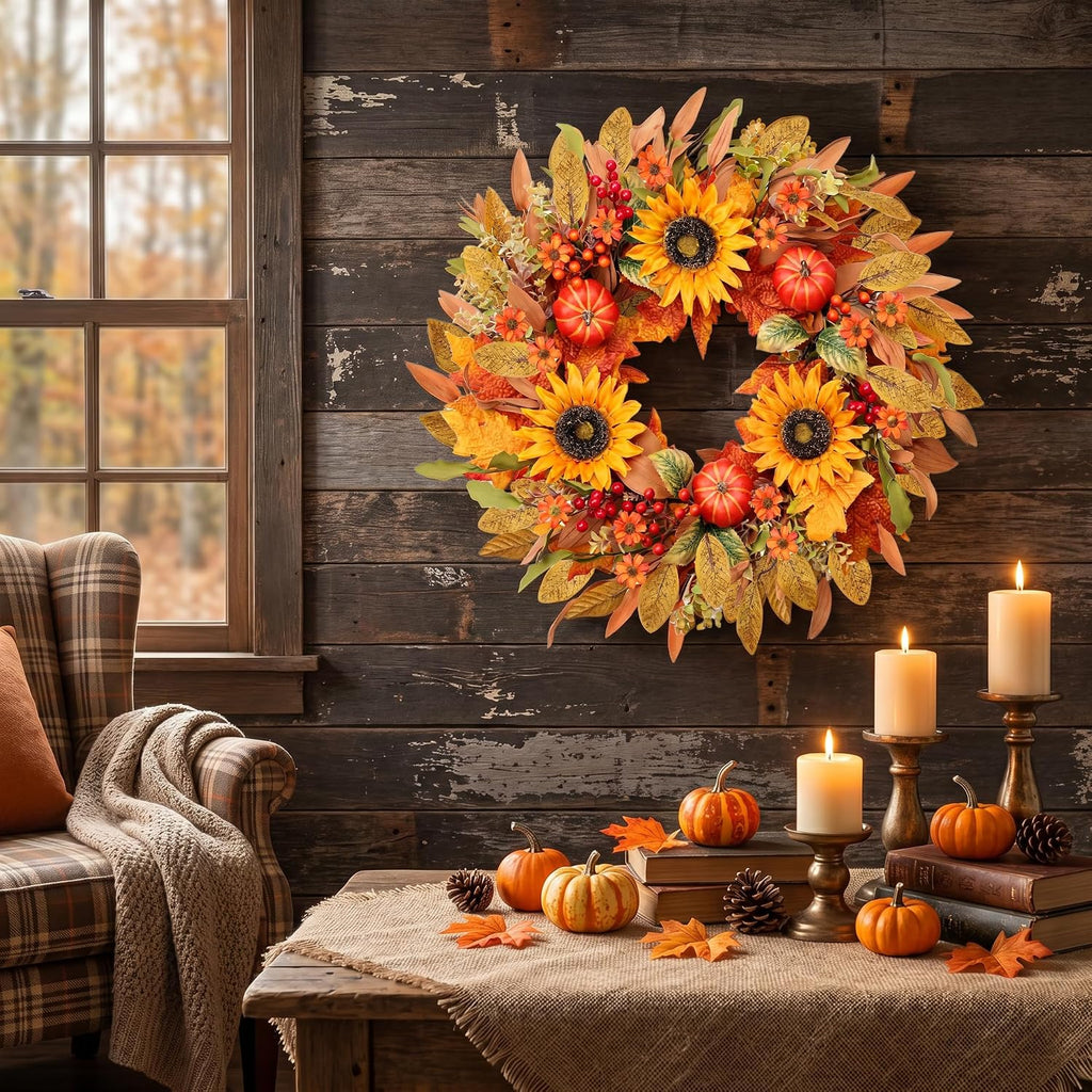 Artificial Fall Wreath 24 Inch Fall Wreaths for Front Door