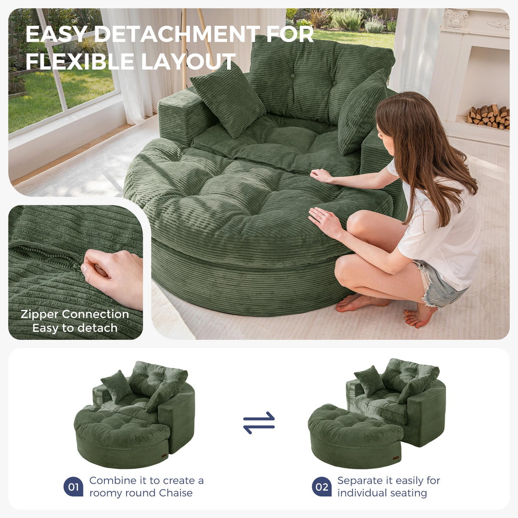 Oversized Round Chaise Lounge Sofa, Boneless Chair with Ottoman