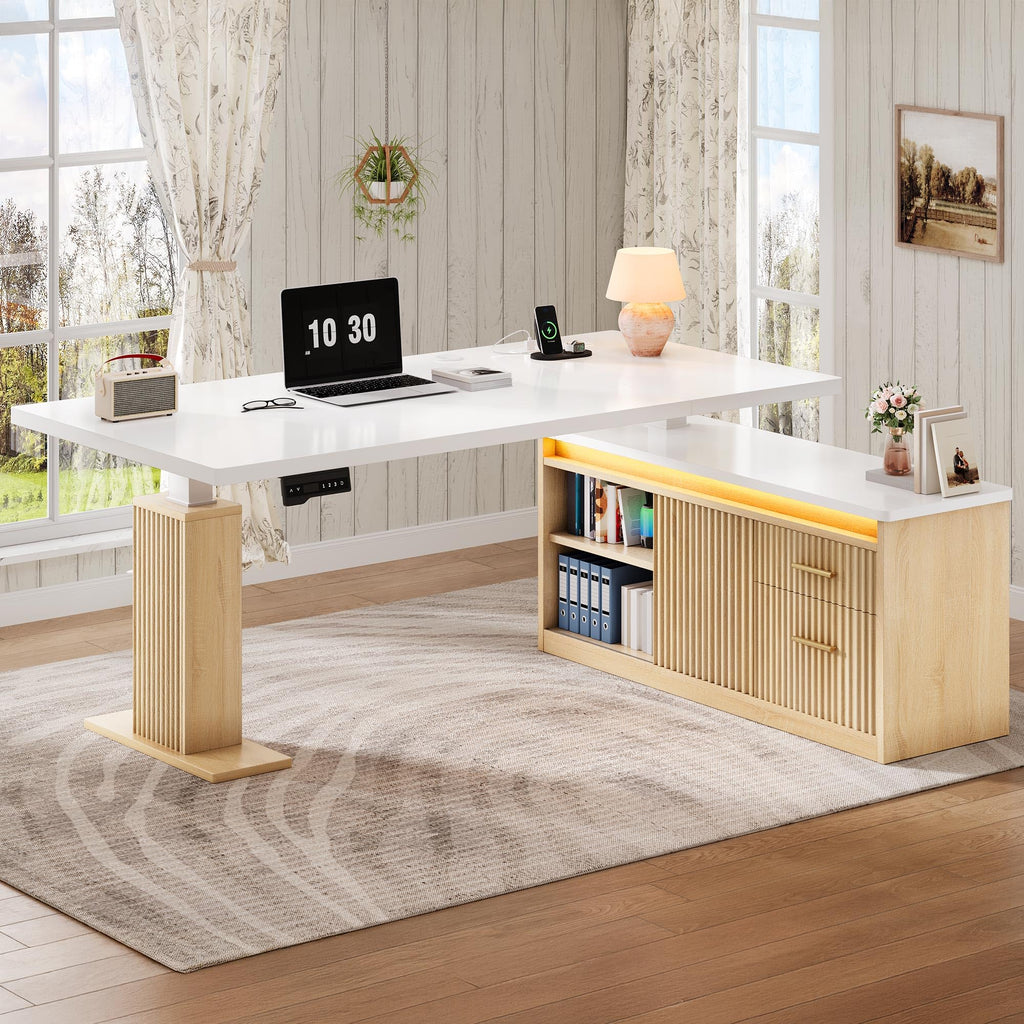 L Shaped Standing Desk with Power Outlets & LED Lights