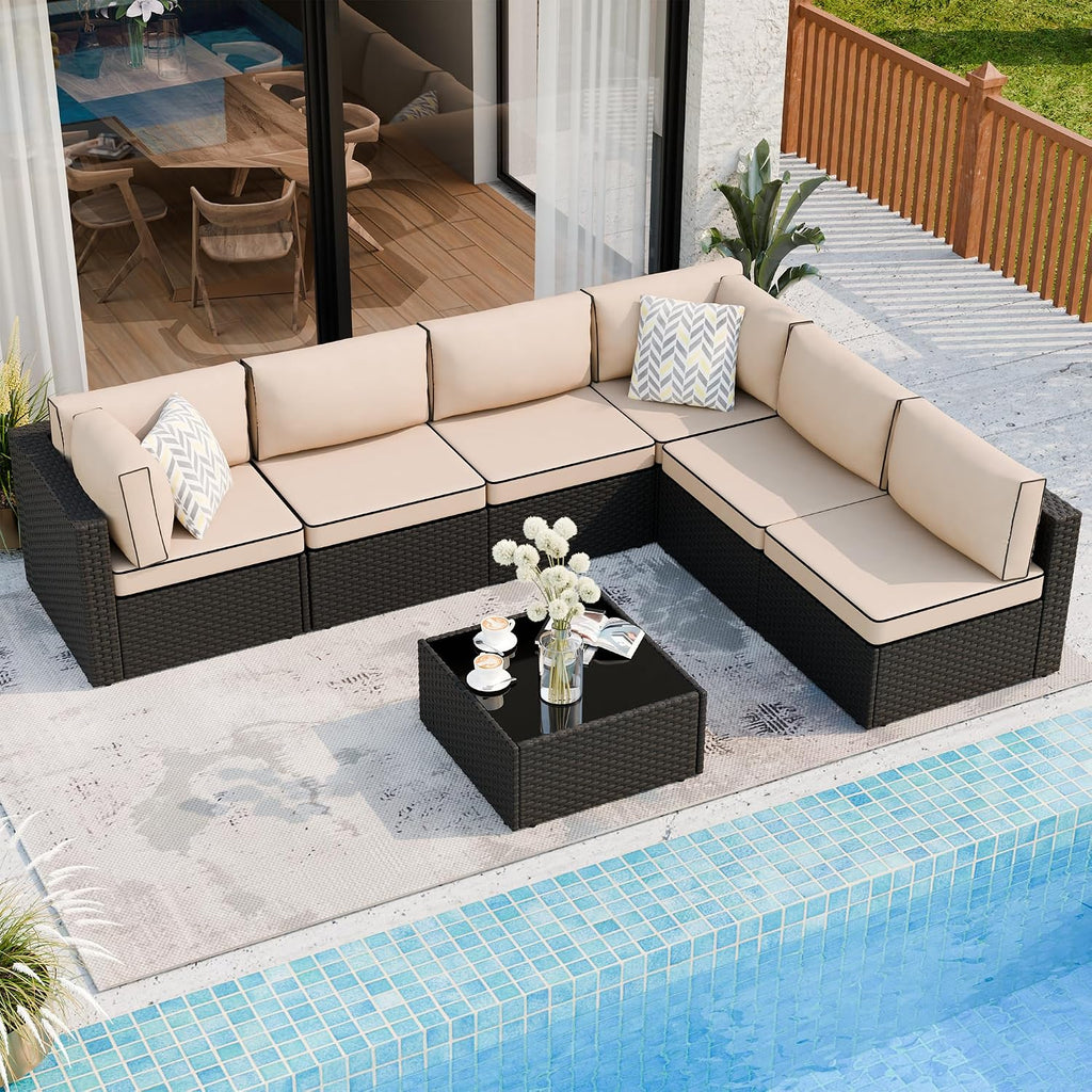 7 Pieces Outdoor Patio Sectional Sofa Couch, Wicker Furniture Conversation Sets with Washable Cushions & Glass Coffee