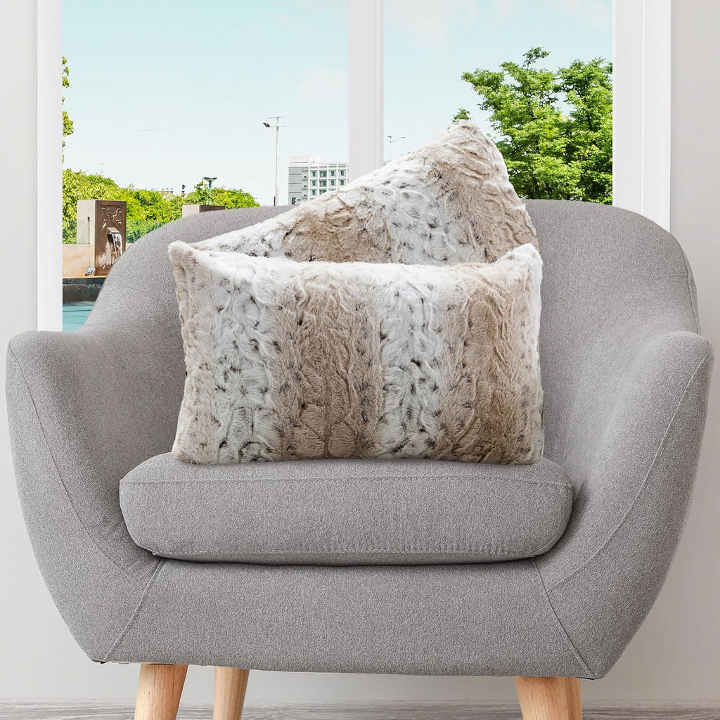 Faux Fur Throw Pillows with Inserts - Set of 2 Decorative Square Couch Pillows, 12” x 20” Snow Leopard Embossed Ombre