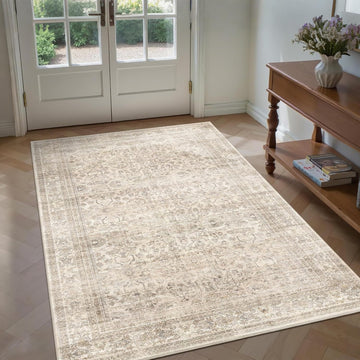 3x5 Beige Area Rug Washable Vintage Neutral Non Slip Distressed Entryway Rugs, Soft Low Pile Retro F