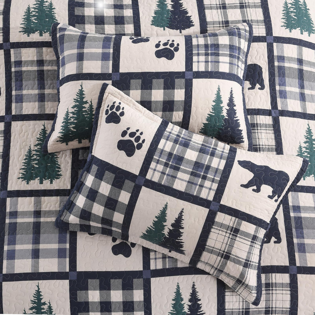 Bear Patchwork Quilt Set - Rustic Cabin Bedding Navy 3 Pieces