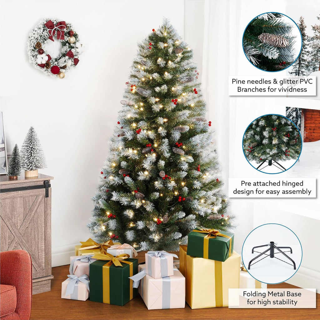 Vancouver 7.5ft Frosted Prelit Artificial Christmas Tree with Pine Cones,Faux Berries, Foot Pedal, 1346 Branch