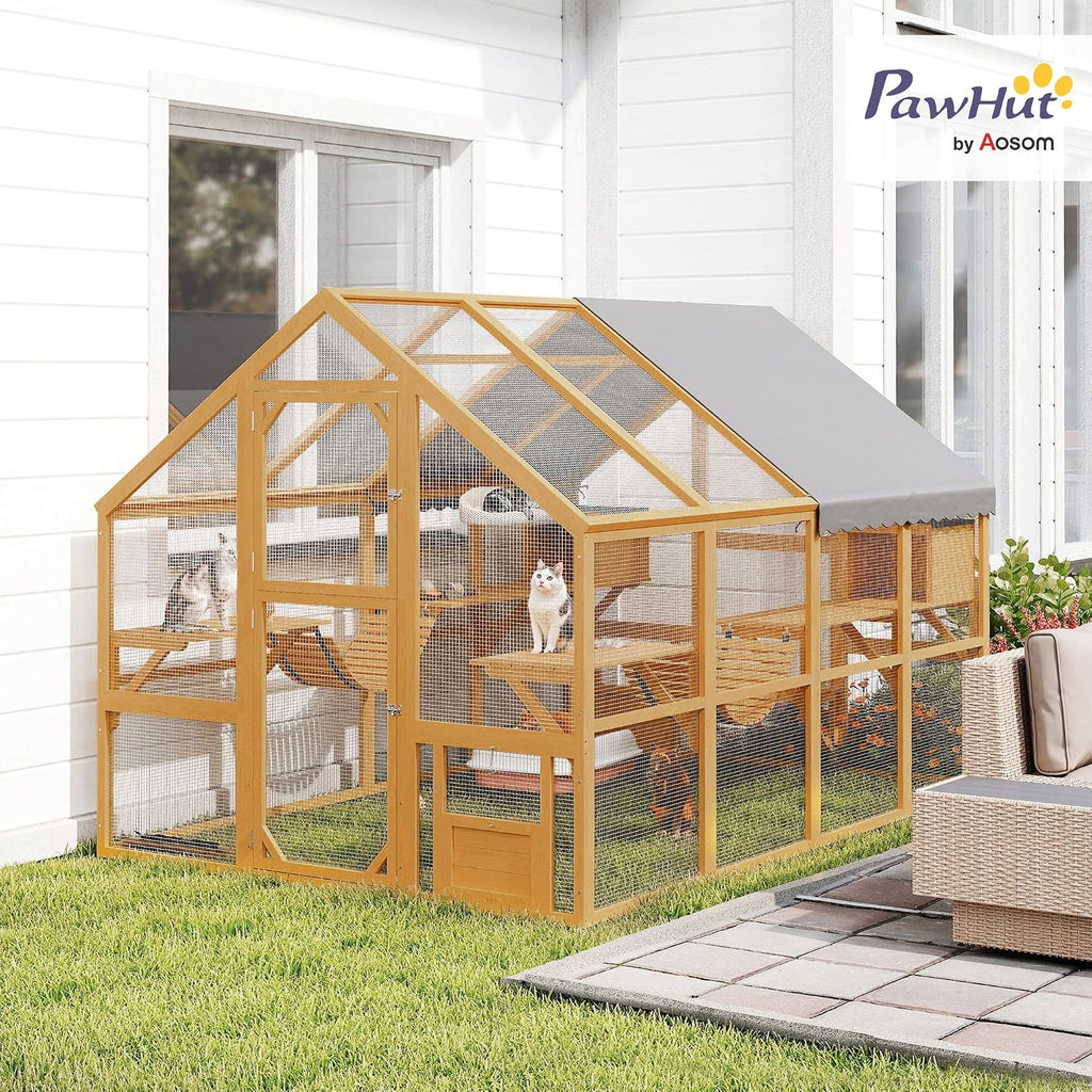 110" L Large Catio Outdoor Cat Enclosure for Multiple Kittens Yellow