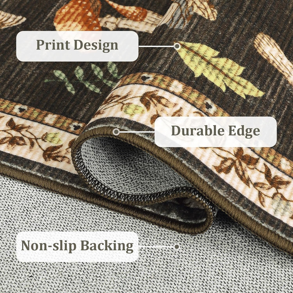 Mushroom Washable Rug 5x7 Area Rugs for Living Room, Insect Print Rug for Bedroom, Non Slip Throw Carpet with Rubber
