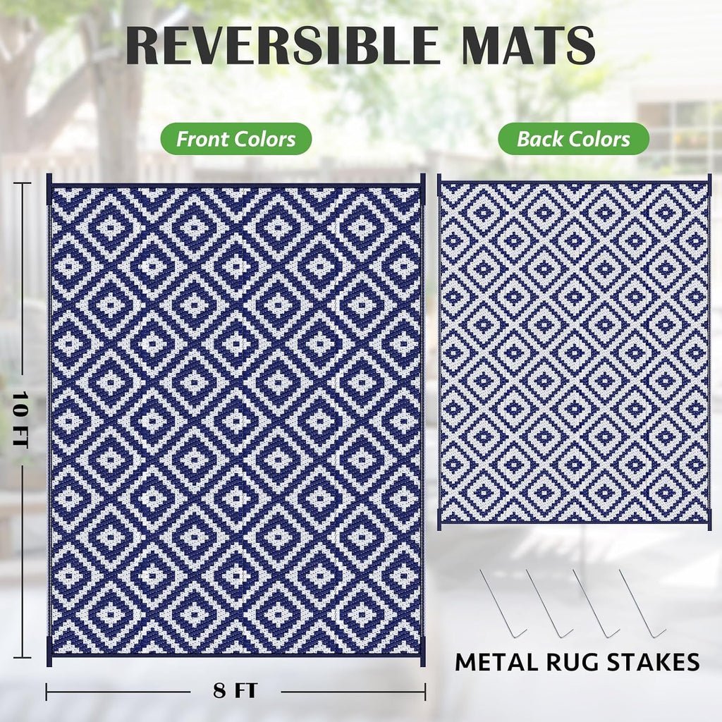 Waterproof Outdoor Rug, Reversible Patio Rug, Blue