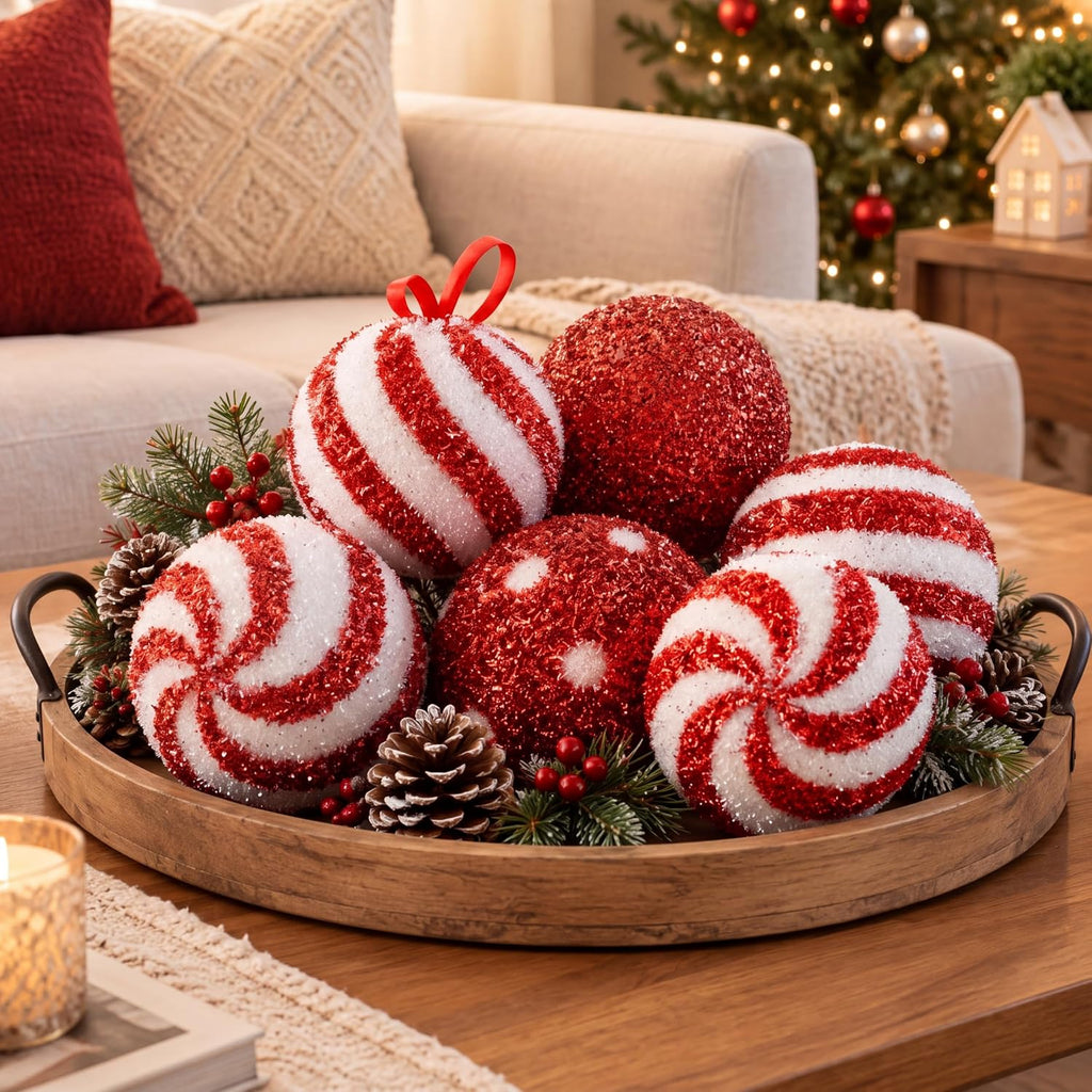 6 Pcs Jumbo 6 Inch Christmas Ball Ornaments Tinsel Balls, Candy